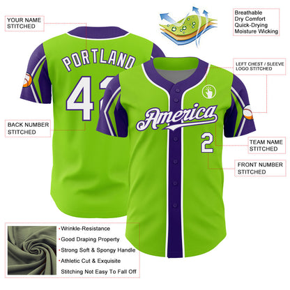 Custom Neon Green White-Purple 3 Colors Arm Shapes Authentic Baseball Jersey - Sky-Custom