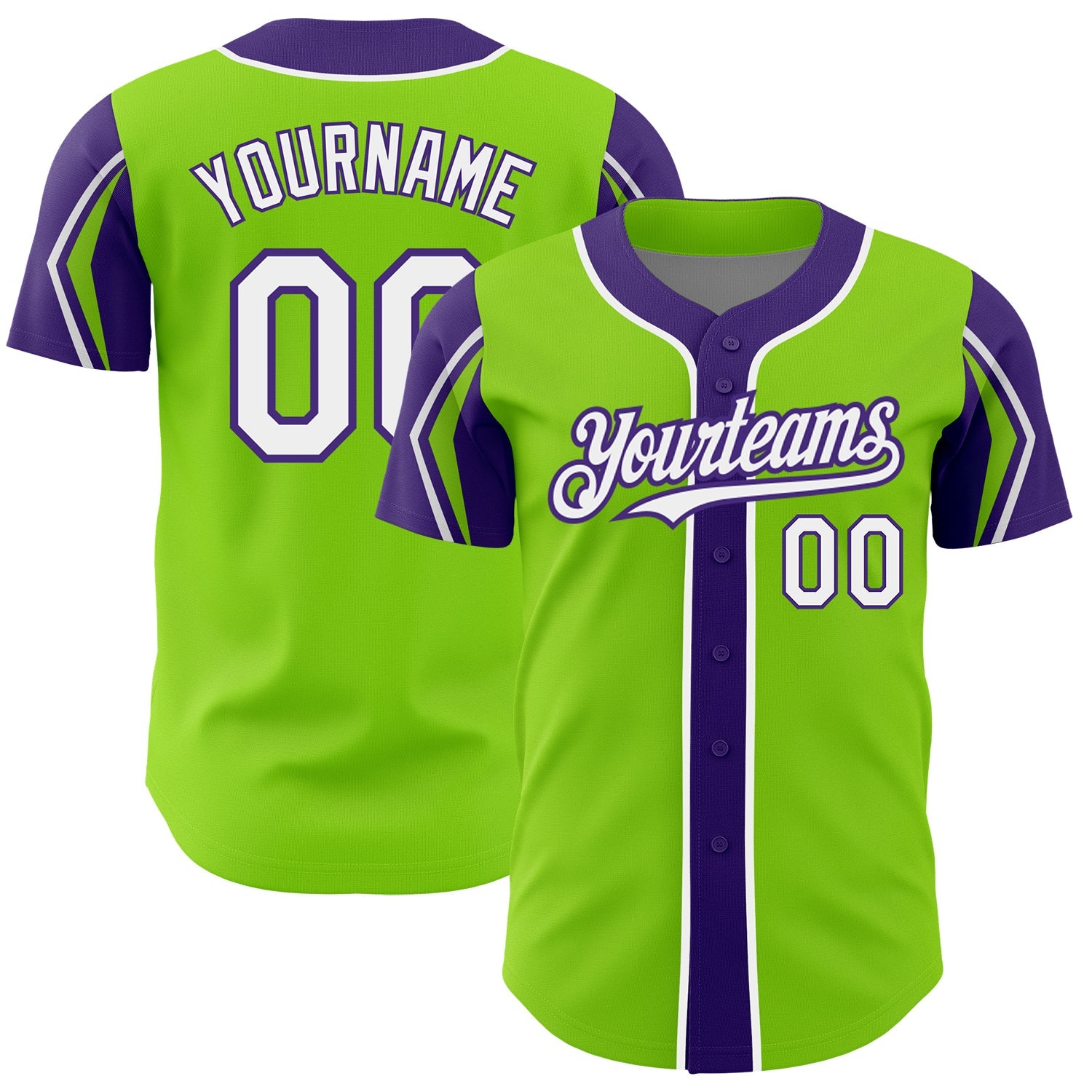Custom Neon Green White-Purple 3 Colors Arm Shapes Authentic Baseball Jersey - Sky-Custom