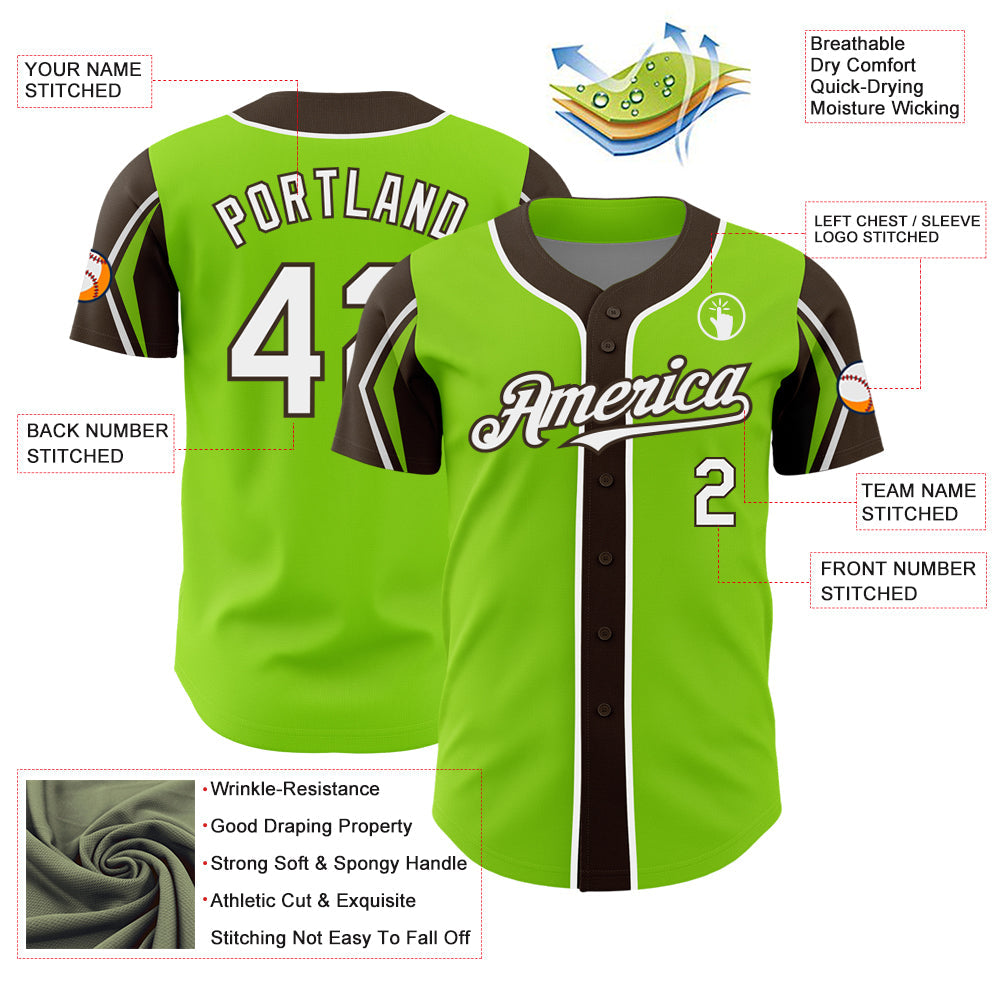 Custom Neon Green White-Brown 3 Colors Arm Shapes Authentic Baseball Jersey - Sky-Custom
