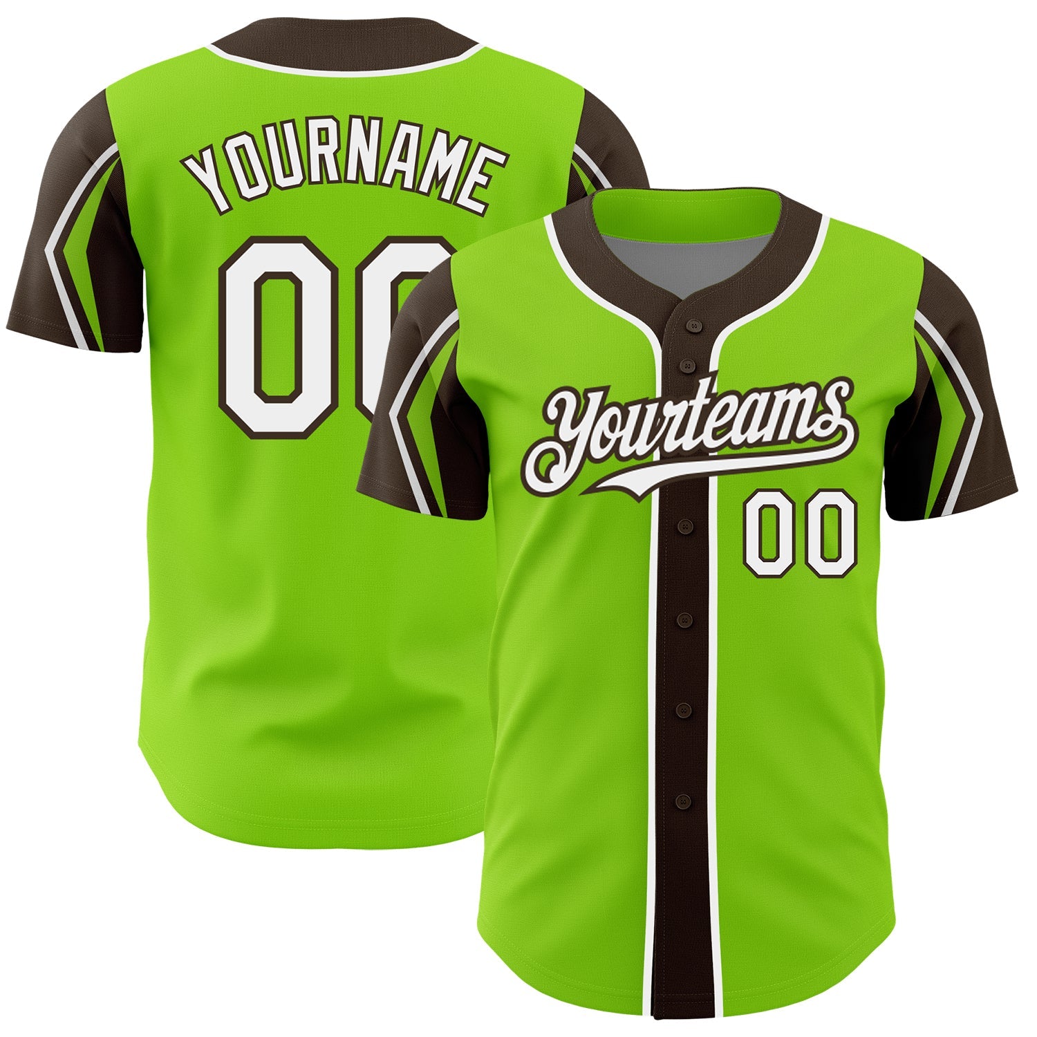 Custom Neon Green White-Brown 3 Colors Arm Shapes Authentic Baseball Jersey - Sky-Custom