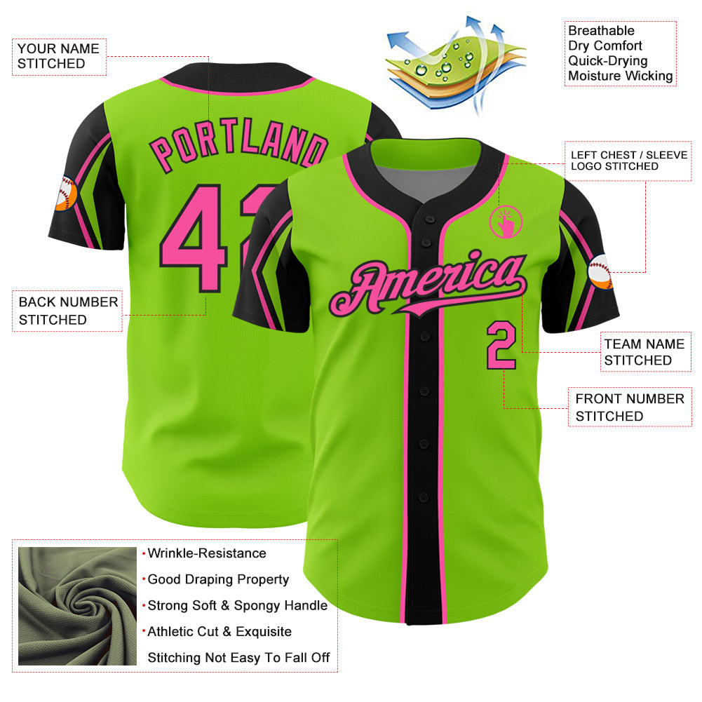Custom Neon Green Pink-Black 3 Colors Arm Shapes Authentic Baseball Jersey - Sky-Custom