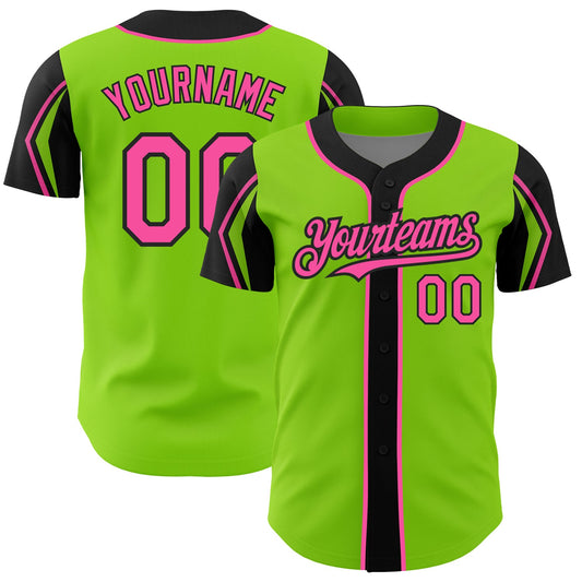 Custom Neon Green Pink-Black 3 Colors Arm Shapes Authentic Baseball Jersey - Sky-Custom