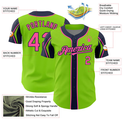 Custom Neon Green Pink-Navy 3 Colors Arm Shapes Authentic Baseball Jersey - Sky-Custom
