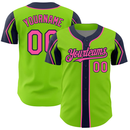 Custom Neon Green Pink-Navy 3 Colors Arm Shapes Authentic Baseball Jersey - Sky-Custom