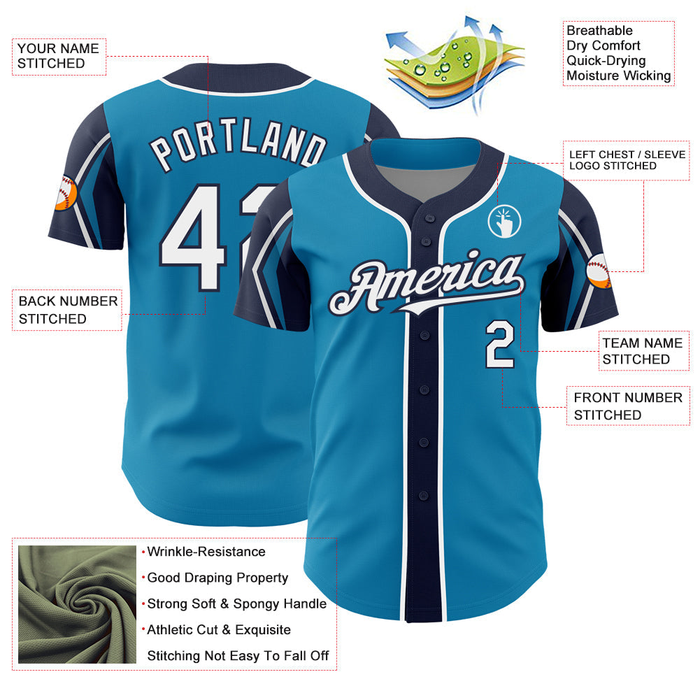 Custom Panther Blue White-Navy 3 Colors Arm Shapes Authentic Baseball Jersey - Sky-Custom