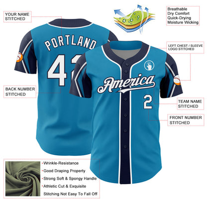 Custom Panther Blue White-Navy 3 Colors Arm Shapes Authentic Baseball Jersey - Sky-Custom