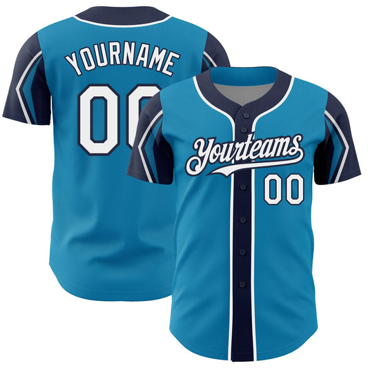 Custom Panther Blue White-Navy 3 Colors Arm Shapes Authentic Baseball Jersey - Sky-Custom