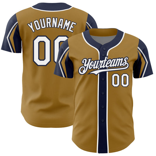 Custom Old Gold White-Navy 3 Colors Arm Shapes Authentic Baseball Jersey - Sky-Custom