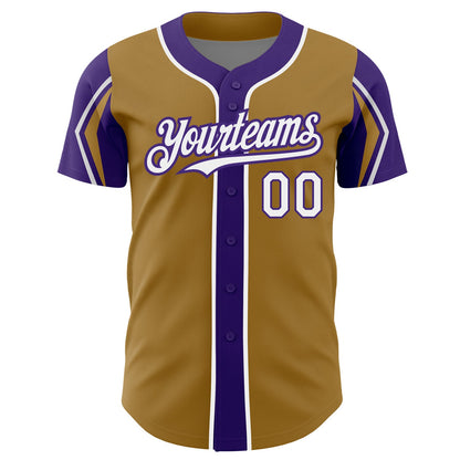 Custom Old Gold White-Purple 3 Colors Arm Shapes Authentic Baseball Jersey - Sky-Custom