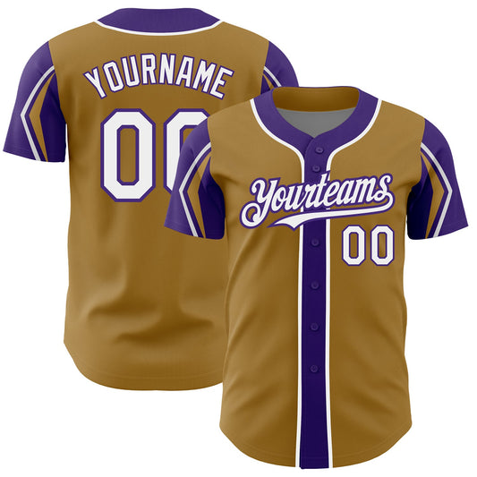 Custom Old Gold White-Purple 3 Colors Arm Shapes Authentic Baseball Jersey - Sky-Custom