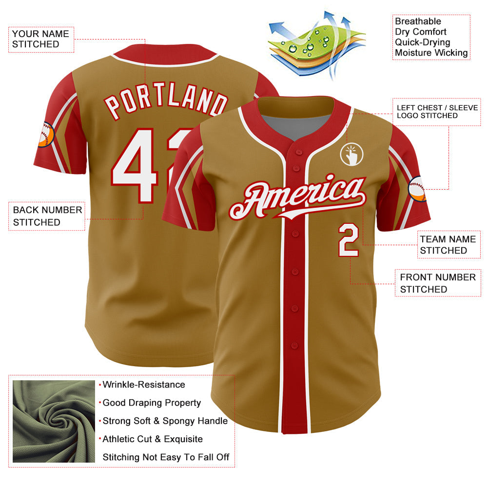 Custom Old Gold White-Red 3 Colors Arm Shapes Authentic Baseball Jersey - Sky-Custom