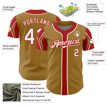 Custom Old Gold White-Red 3 Colors Arm Shapes Authentic Baseball Jersey - Sky-Custom