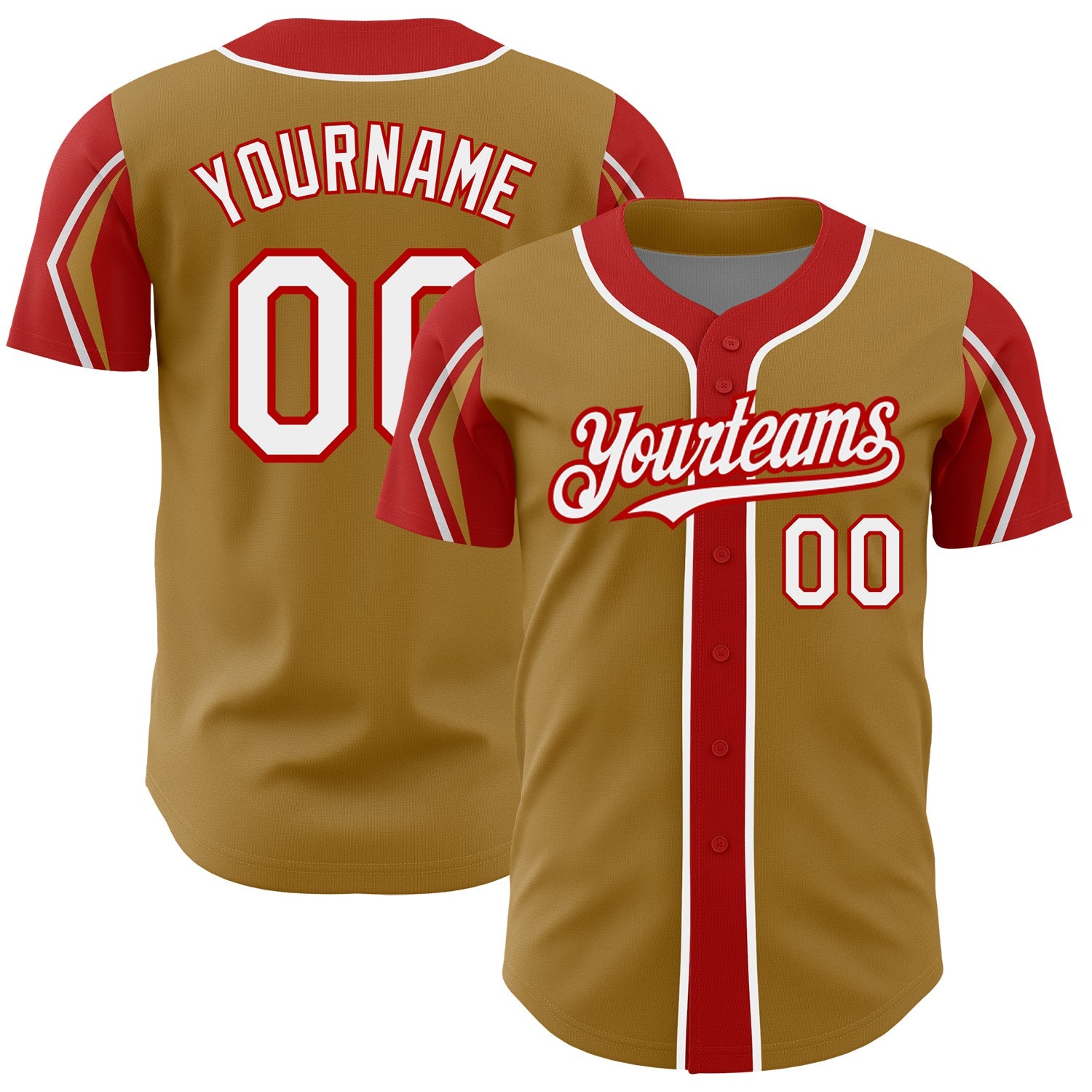 Custom Old Gold White-Red 3 Colors Arm Shapes Authentic Baseball Jersey - Sky-Custom