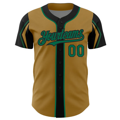 Custom Old Gold Kelly Green-Black 3 Colors Arm Shapes Authentic Baseball Jersey - Sky-Custom