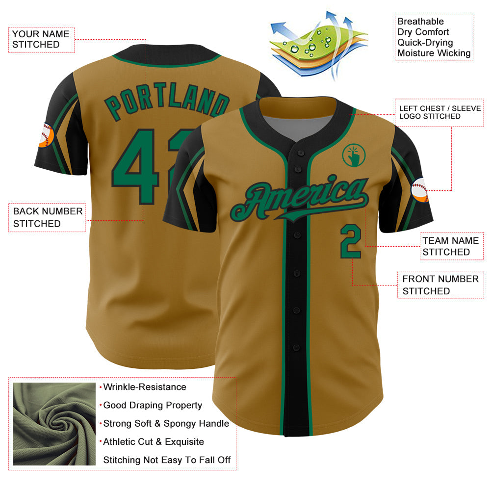 Custom Old Gold Kelly Green-Black 3 Colors Arm Shapes Authentic Baseball Jersey - Sky-Custom