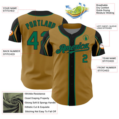 Custom Old Gold Kelly Green-Black 3 Colors Arm Shapes Authentic Baseball Jersey - Sky-Custom