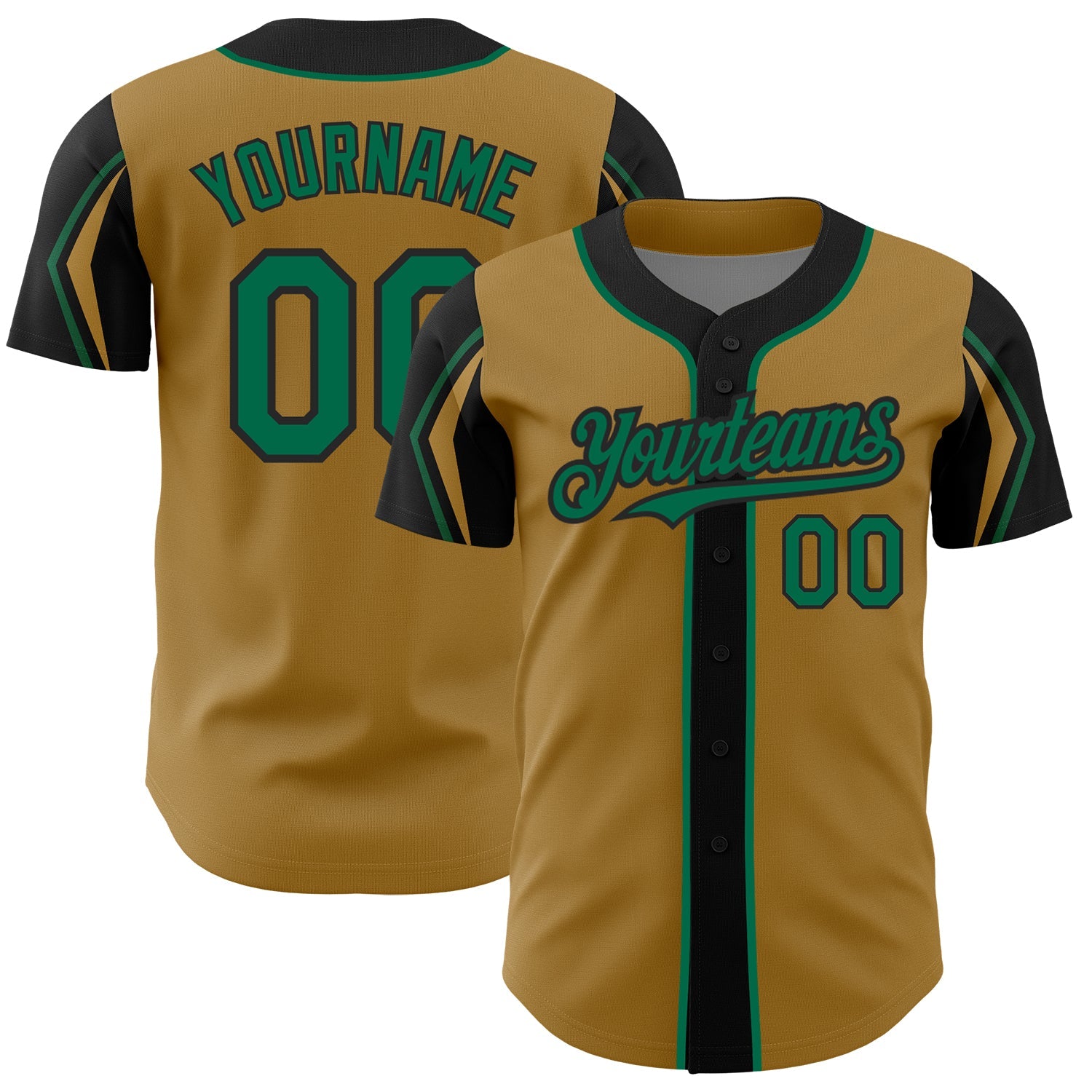 Custom Old Gold Kelly Green-Black 3 Colors Arm Shapes Authentic Baseball Jersey - Sky-Custom