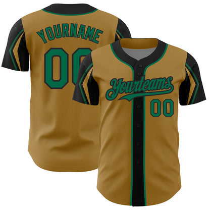 Custom Old Gold Kelly Green-Black 3 Colors Arm Shapes Authentic Baseball Jersey - Sky-Custom