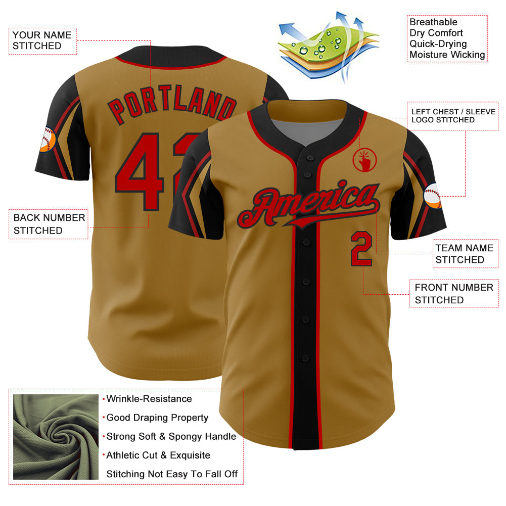 Custom Old Gold Red-Black 3 Colors Arm Shapes Authentic Baseball Jersey - Sky-Custom