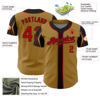 Custom Old Gold Red-Black 3 Colors Arm Shapes Authentic Baseball Jersey - Sky-Custom