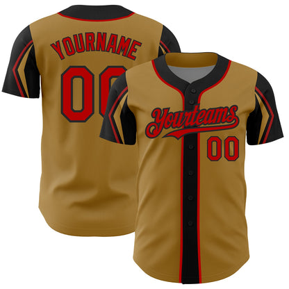Custom Old Gold Red-Black 3 Colors Arm Shapes Authentic Baseball Jersey - Sky-Custom