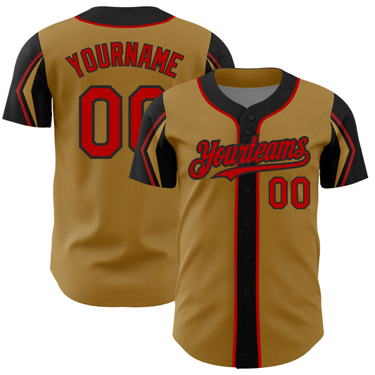 Custom Old Gold Red-Black 3 Colors Arm Shapes Authentic Baseball Jersey - Sky-Custom