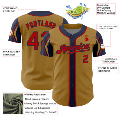 Custom Old Gold Red-Navy 3 Colors Arm Shapes Authentic Baseball Jersey - Sky-Custom