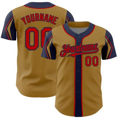Custom Old Gold Red-Navy 3 Colors Arm Shapes Authentic Baseball Jersey - Sky-Custom