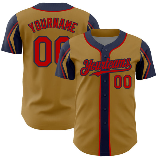 Custom Old Gold Red-Navy 3 Colors Arm Shapes Authentic Baseball Jersey - Sky-Custom