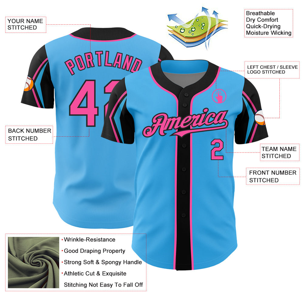 Custom Sky Blue Pink-Black 3 Colors Arm Shapes Authentic Baseball Jersey - Sky-Custom