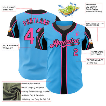 Custom Sky Blue Pink-Black 3 Colors Arm Shapes Authentic Baseball Jersey - Sky-Custom