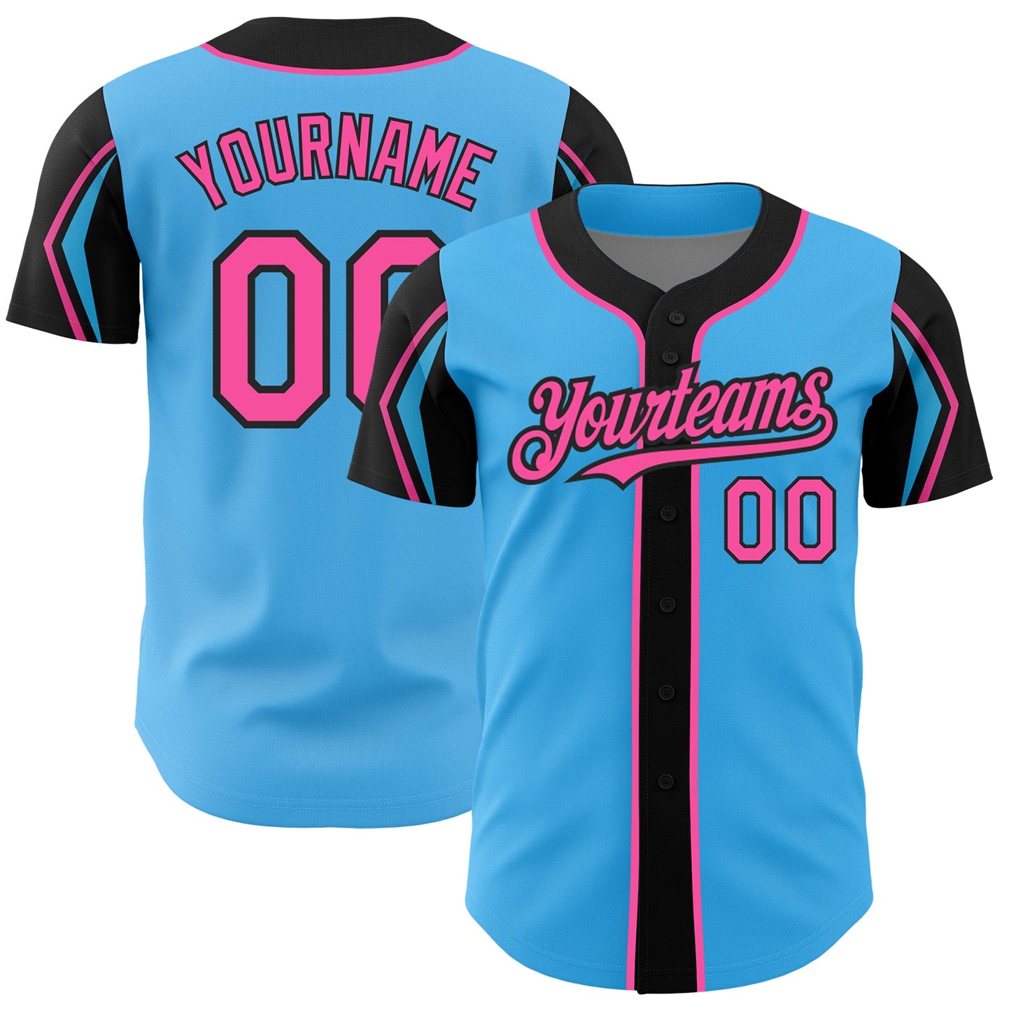 Custom Sky Blue Pink-Black 3 Colors Arm Shapes Authentic Baseball Jersey - Sky-Custom
