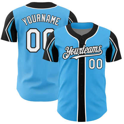 Custom Sky Blue White-Black 3 Colors Arm Shapes Authentic Baseball Jersey - Sky-Custom