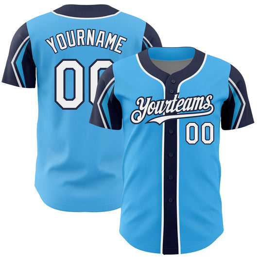 Custom Sky Blue White-Navy 3 Colors Arm Shapes Authentic Baseball Jersey - Sky-Custom