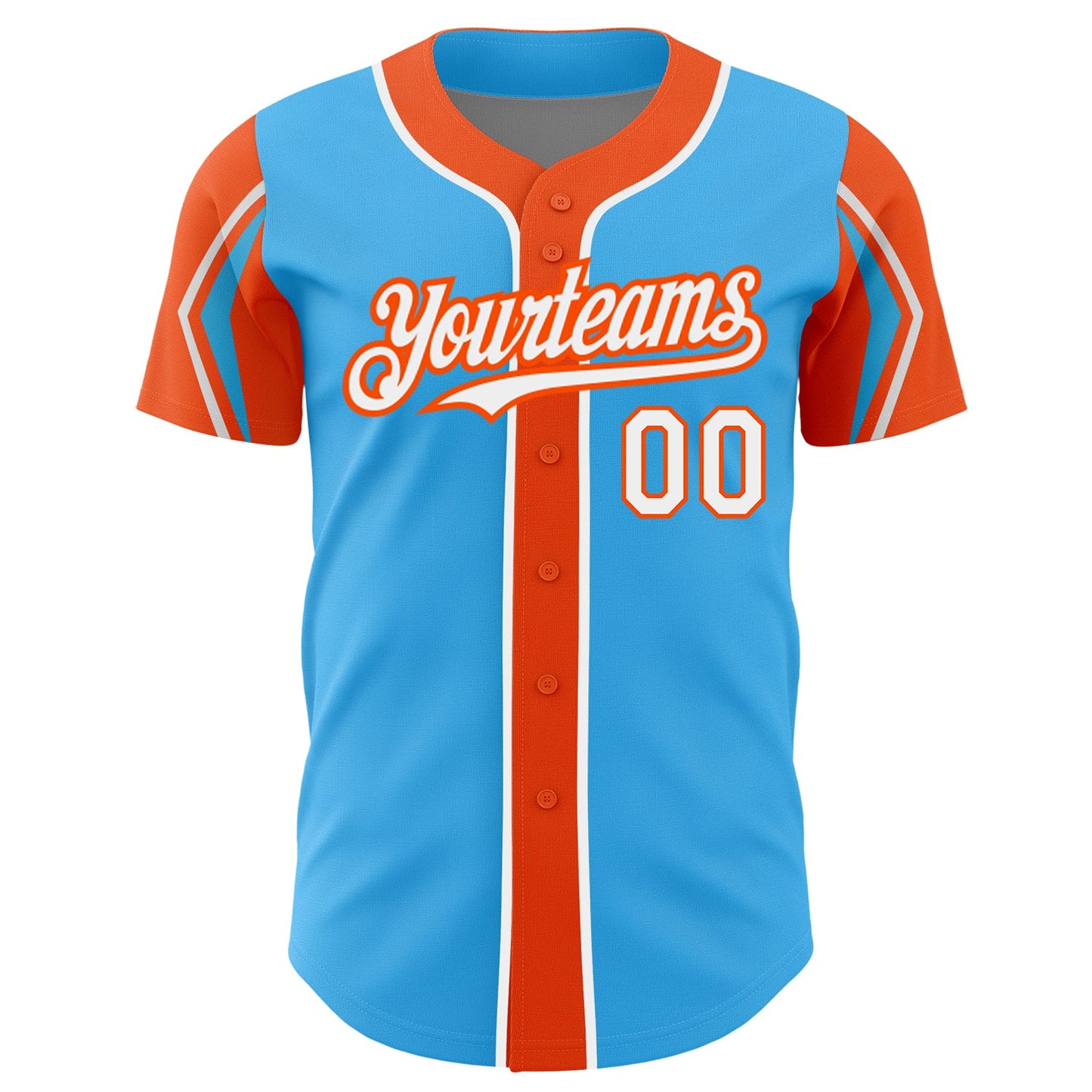 Custom Sky Blue White-Orange 3 Colors Arm Shapes Authentic Baseball Jersey - Sky-Custom