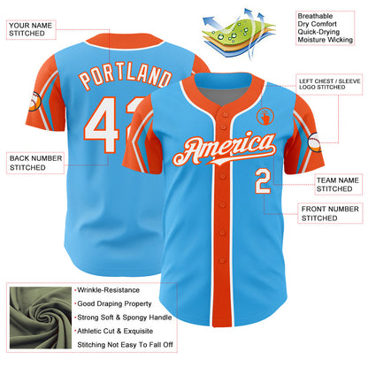 Custom Sky Blue White-Orange 3 Colors Arm Shapes Authentic Baseball Jersey - Sky-Custom