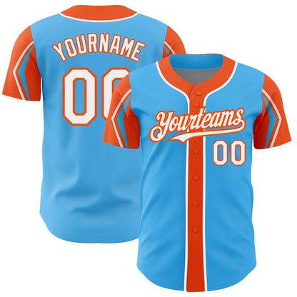 Custom Sky Blue White-Orange 3 Colors Arm Shapes Authentic Baseball Jersey - Sky-Custom
