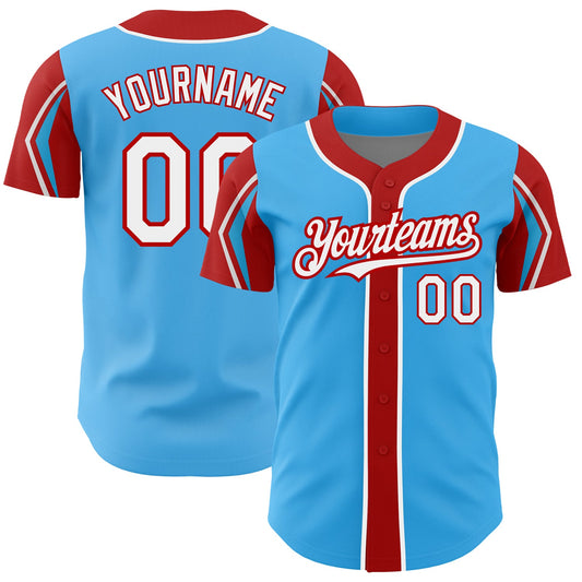 Custom Sky Blue White-Red 3 Colors Arm Shapes Authentic Baseball Jersey - Sky-Custom