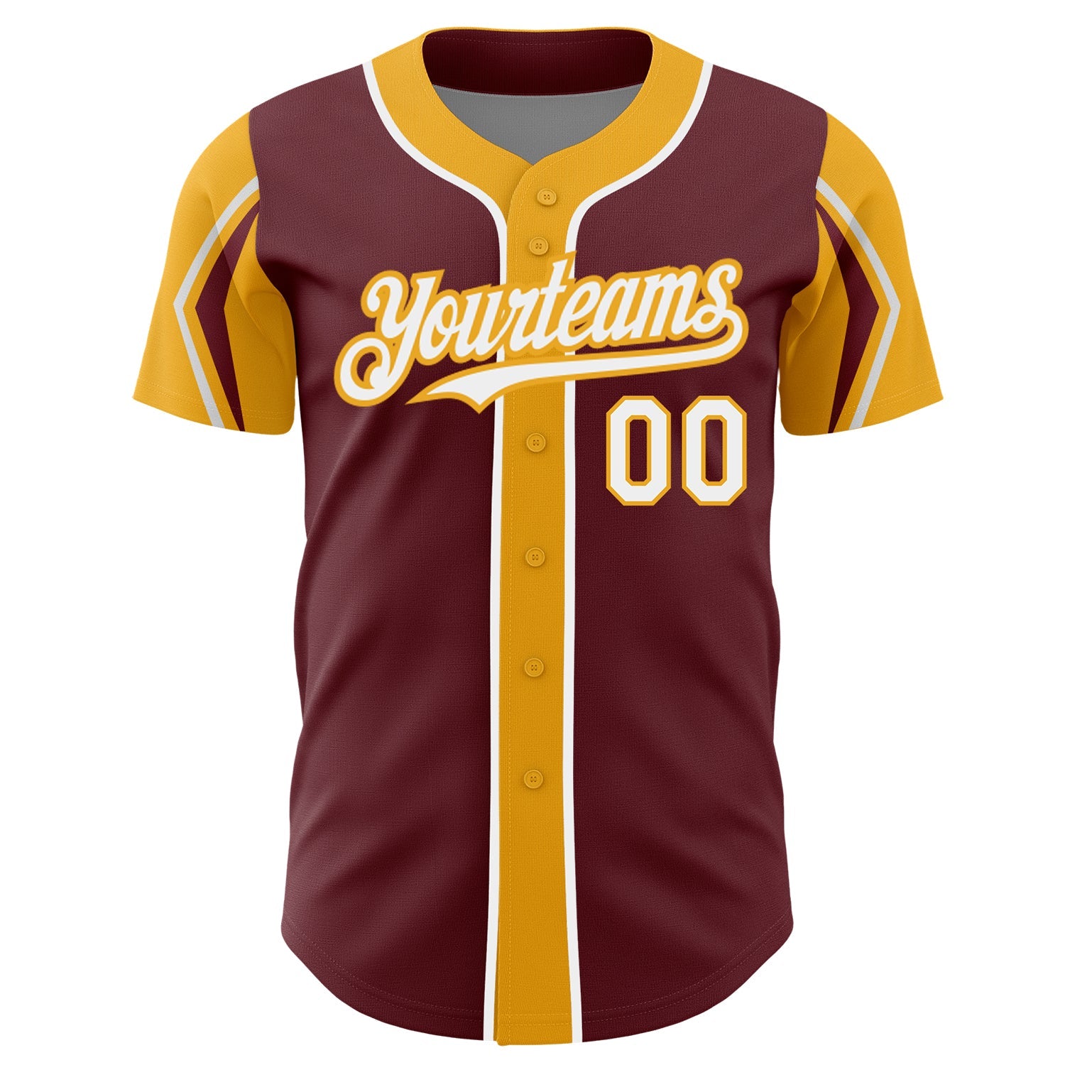 Custom Burgundy White-Gold 3 Colors Arm Shapes Authentic Baseball Jersey - Sky-Custom
