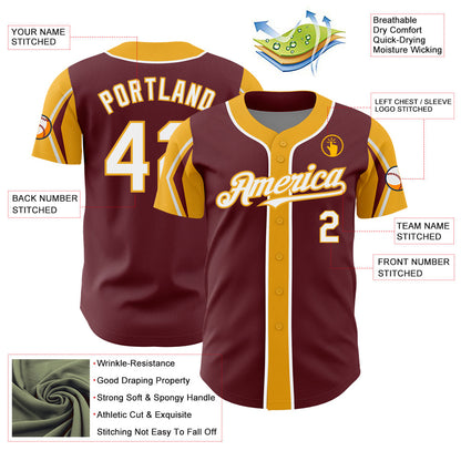 Custom Burgundy White-Gold 3 Colors Arm Shapes Authentic Baseball Jersey - Sky-Custom