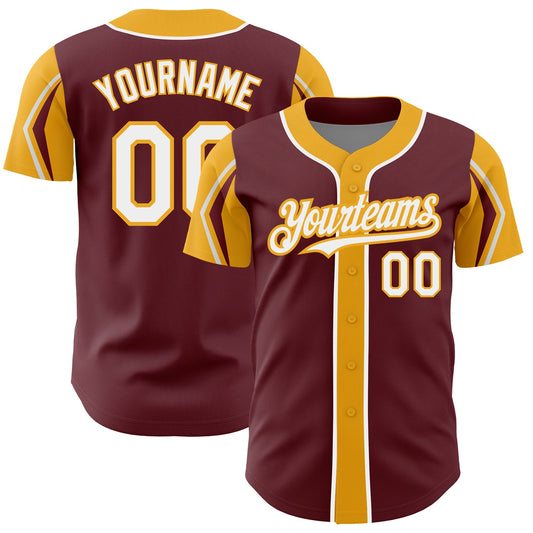 Custom Burgundy White-Gold 3 Colors Arm Shapes Authentic Baseball Jersey - Sky-Custom