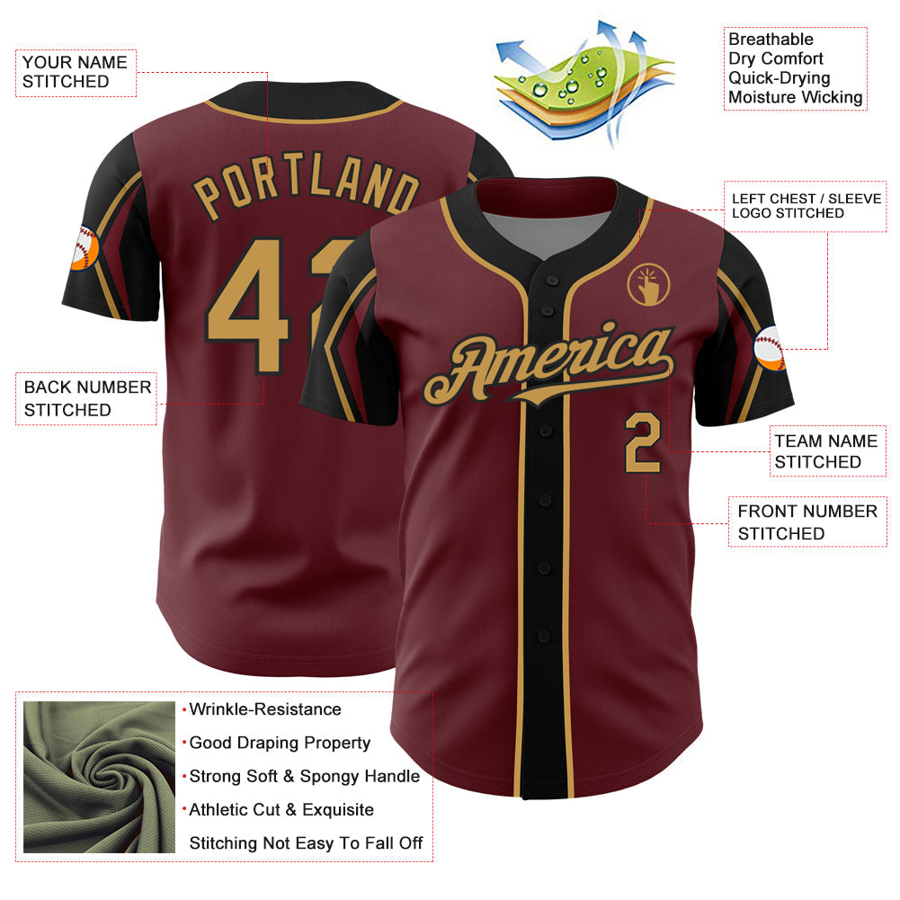 Custom Burgundy Old Gold-Black 3 Colors Arm Shapes Authentic Baseball Jersey - Sky-Custom