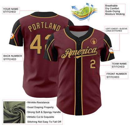 Custom Burgundy Old Gold-Black 3 Colors Arm Shapes Authentic Baseball Jersey - Sky-Custom