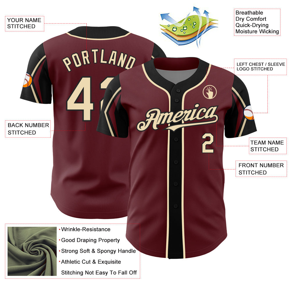 Custom Burgundy City Cream-Black 3 Colors Arm Shapes Authentic Baseball Jersey - Sky-Custom