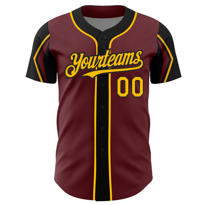 Custom Burgundy Gold-Black 3 Colors Arm Shapes Authentic Baseball Jersey - Sky-Custom