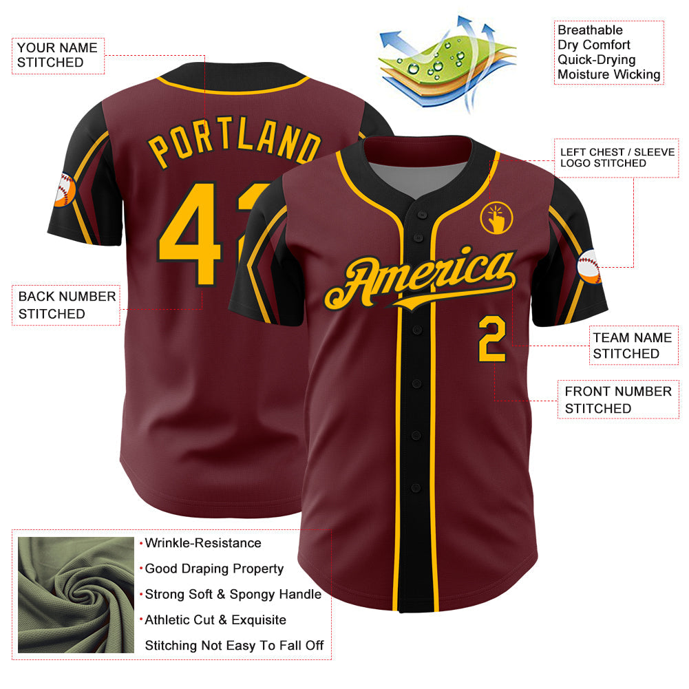 Custom Burgundy Gold-Black 3 Colors Arm Shapes Authentic Baseball Jersey - Sky-Custom