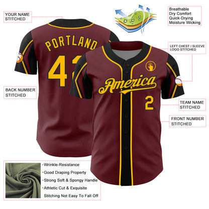 Custom Burgundy Gold-Black 3 Colors Arm Shapes Authentic Baseball Jersey - Sky-Custom