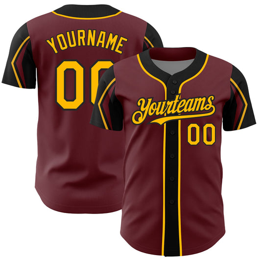 Custom Burgundy Gold-Black 3 Colors Arm Shapes Authentic Baseball Jersey - Sky-Custom