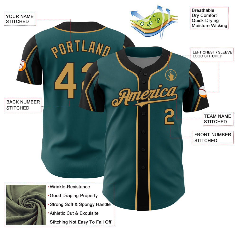 Custom Midnight Green Old Gold-Black 3 Colors Arm Shapes Authentic Baseball Jersey - Sky-Custom