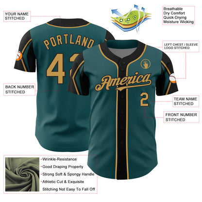 Custom Midnight Green Old Gold-Black 3 Colors Arm Shapes Authentic Baseball Jersey - Sky-Custom